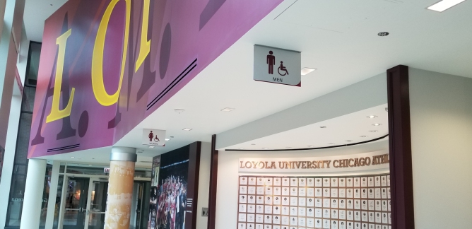 Gentile Arena (Loyola University); Hanging Restroom Signs
