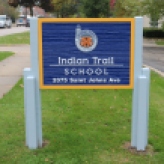 Indian Trail Elementary School (Highland Park, IL); Wooden-Post and HDU Panel, Double-Faced, Monument sign with Simulated Wood Grain + Raised Letters & Logo