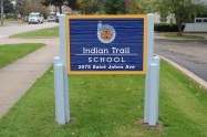 Indian Trail Elementary School (Highland Park, IL); Wooden-Post and HDU Panel, Double-Faced, Monument sign with Simulated Wood Grain + Raised Letters & Logo