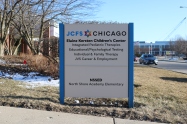 Elaine Kersten Children's Center (Northbrook, IL); JCFS Branded Post & Panel Sign Box Repainted, Refinished + Installed